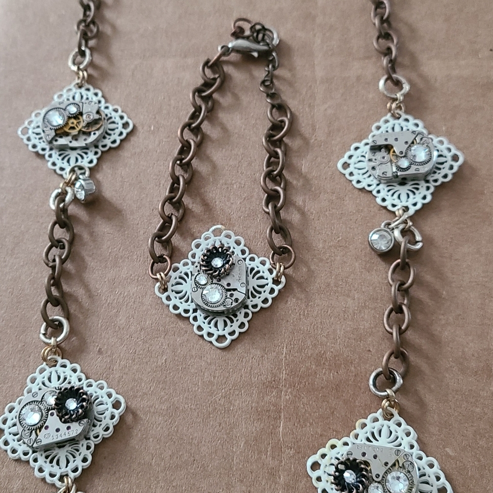 Ruby encrusted vintage watch movement necklace and bracelet set with Swarovski